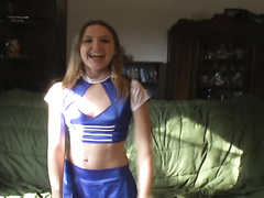 Lusty cheerleader strips and masturbates till cum